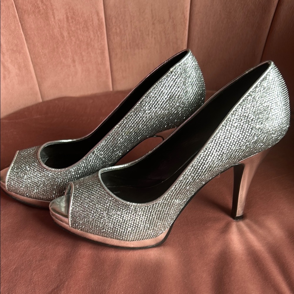 Elegant Silver Peep-Toe Heels Nine West